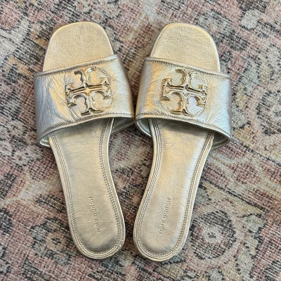 Tory Burch Metallic Gold Logo Slide Sandals - Picture 1 of 3